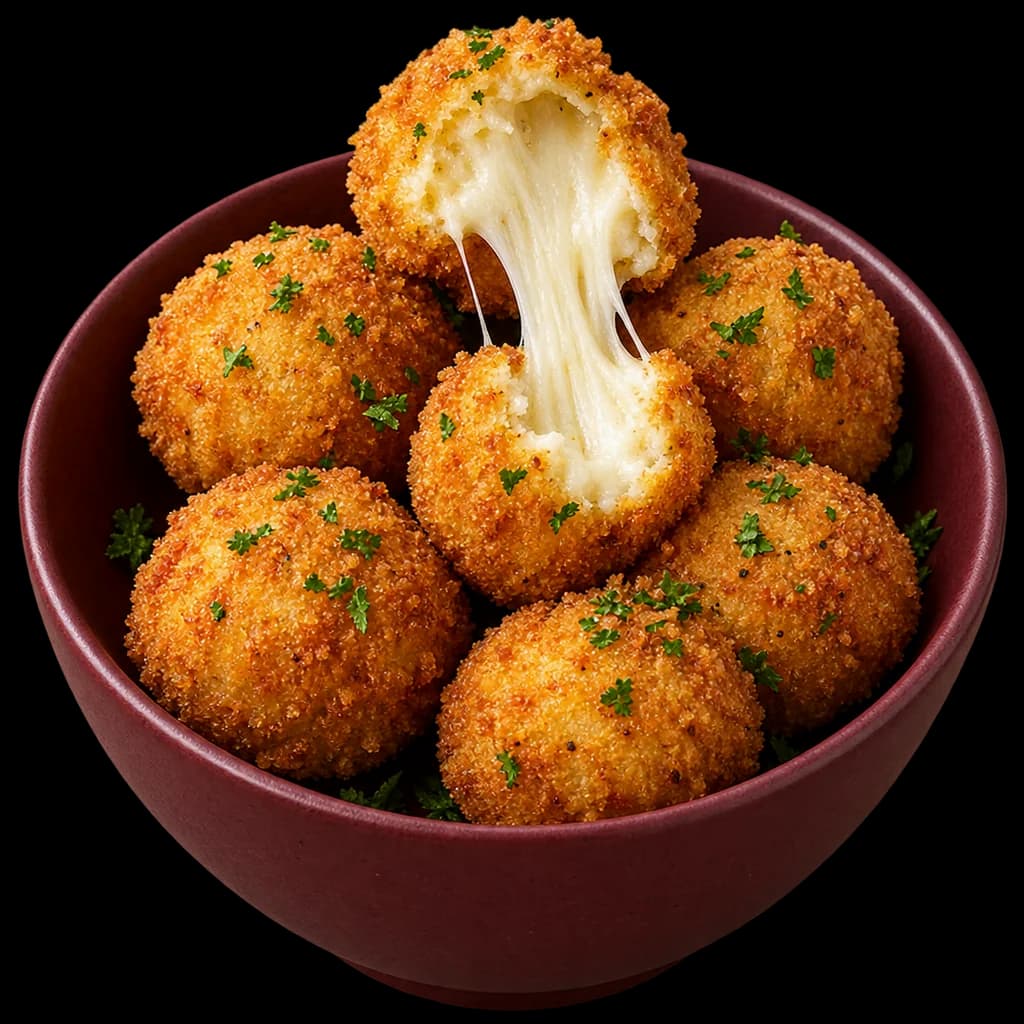A bowl of crumb-fried mozzarella cheese balls, one pulled open