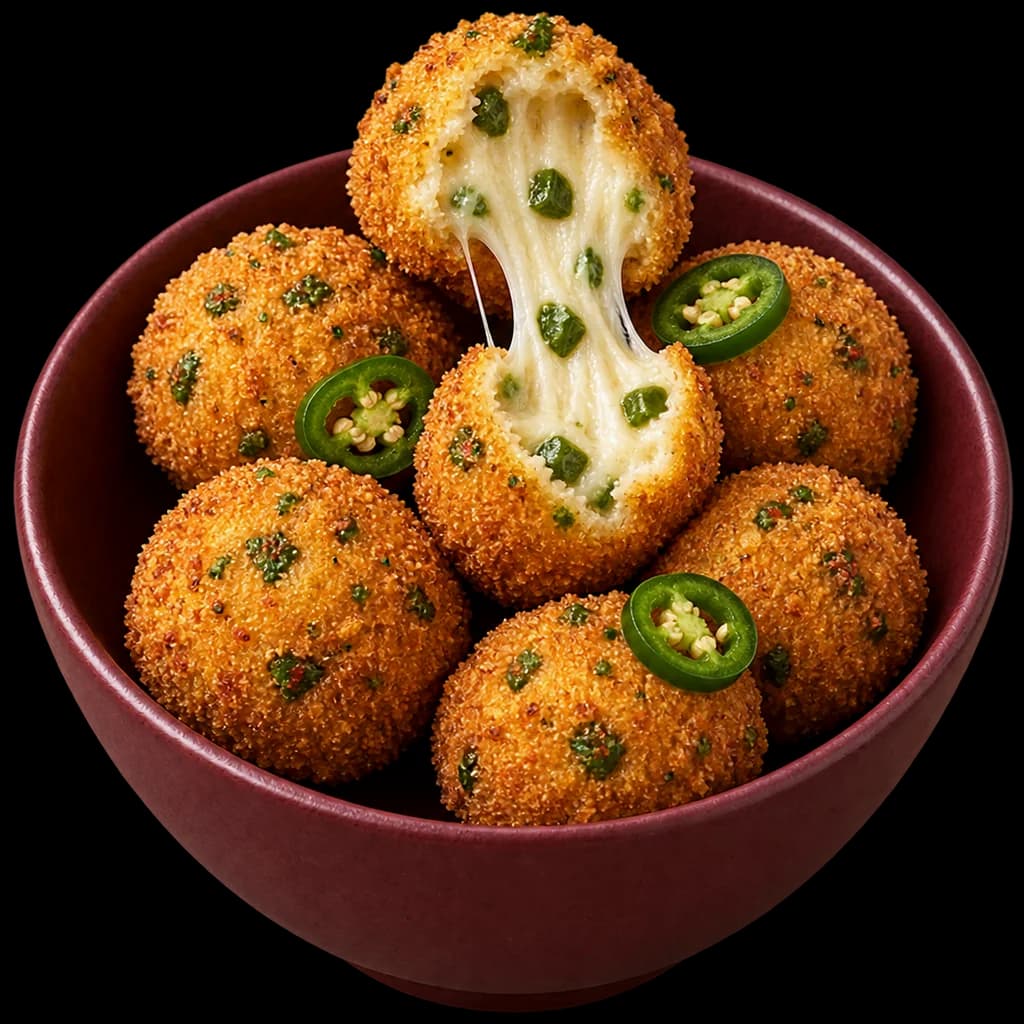A bowl of jalapeño cheese balls topped with fresh jalapeño slices