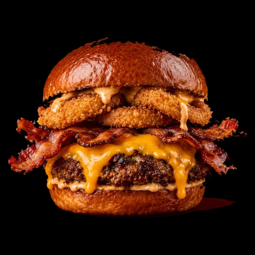 Burger with crispy onion rings