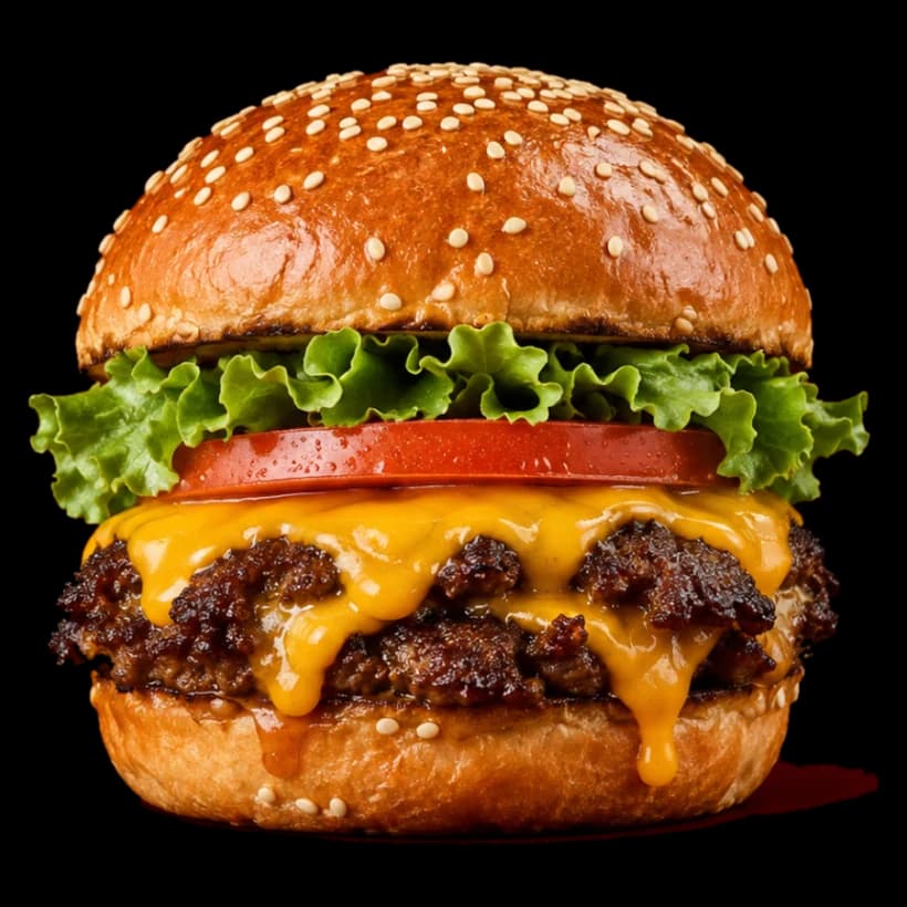Signature burger with lettuce, tomato and melted cheddar